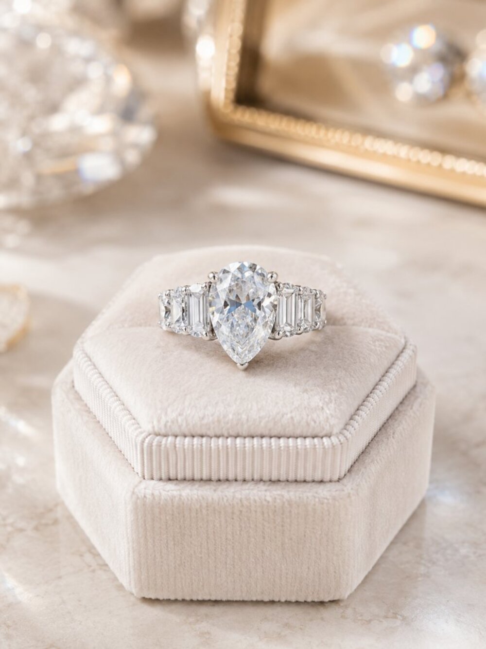 Pear Cut Clear Stone Silver Tone Engagement Ring Baguette Band Size 9 NWT